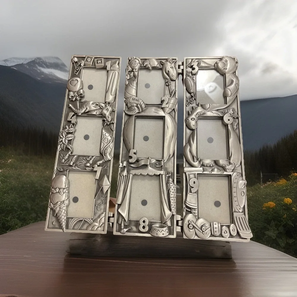 Vintage 3 Pewter Panel Children's Picture Frame‎ - Toys (9) 1-9 Wallet Size Pics